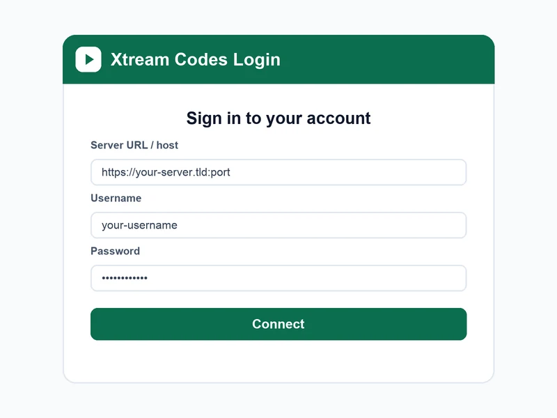 Xtream Codes server, username and password login fields in an IPTV app